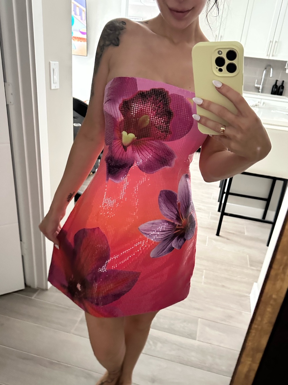 Strapless Pink Floral Sequin Mini Dress